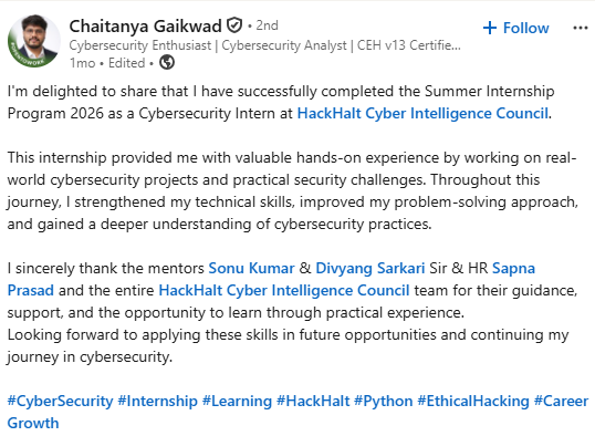 Cybersecurity Intern Feedback Testimonial